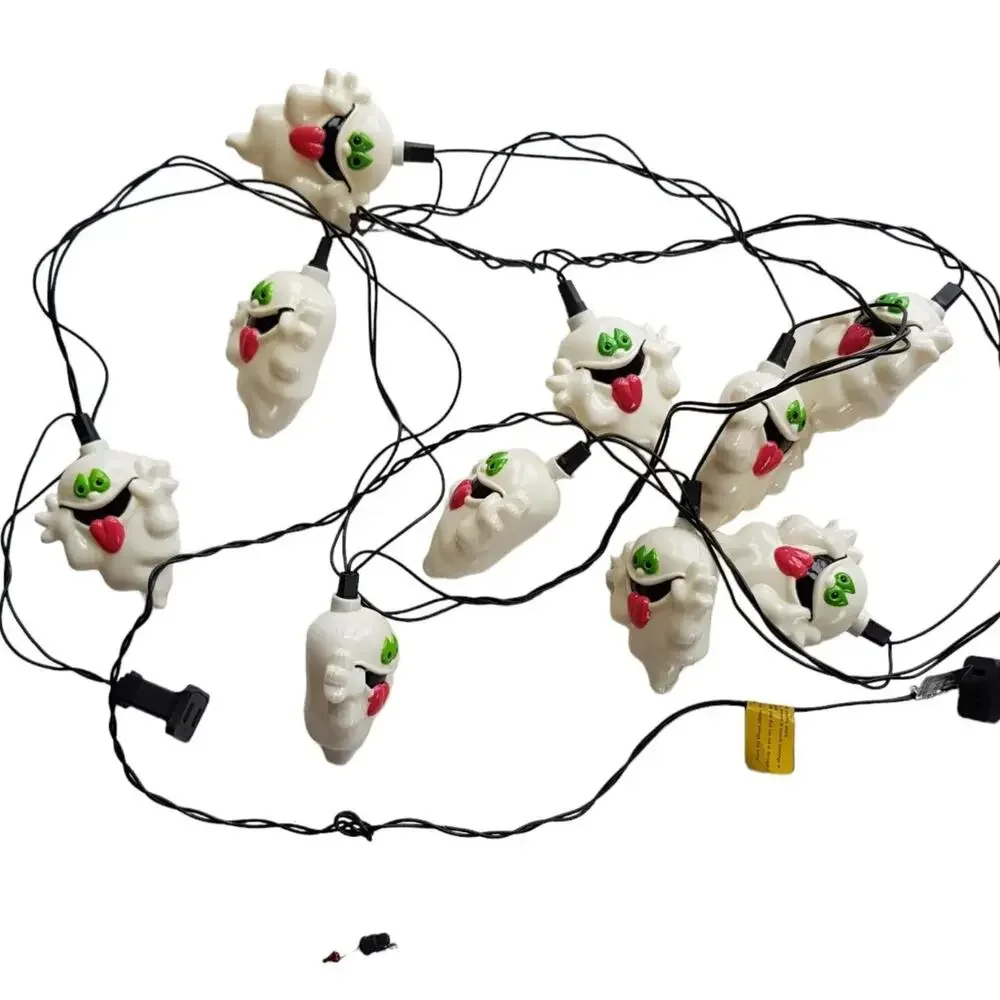 Vtg Halloween Ghost String Lights Plastic Blow Mold Set of 10 Easter Unlimited